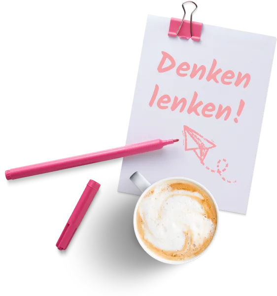 Zettel mit pinkem Stift und Kaffeetasse