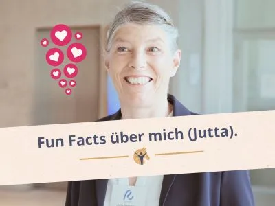 Blockgrafik: „Fun Facts über mich (Jutta)“; Jutta Beckmann lächelt links an der Kamera vorbei.