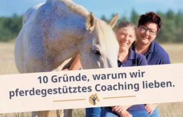Bloggrafik: Warum wir pferdegestütztes Coaching lieben. Zwei Frauen stehen mit Schimmel auf einem Kornfeld und schauen in die Kamera.