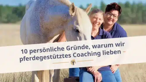 Bloggrafik: 10 Gründe, warum wir pferdegestütztes Coaching lieben. Jutta und Denise Beckmann stehen mit dem PRE Schimmel Nino auf einem Kornfeld und schauen in die Kamera.
