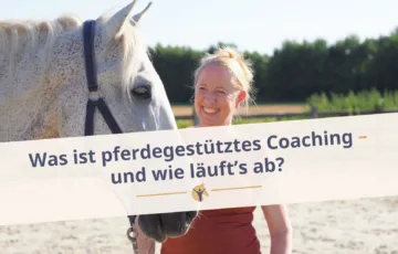 Blockgrafik: „Was ist Pferdegestütztes Coaching“; Eine Klientin lächelt den PRE Schimmel Nino an.